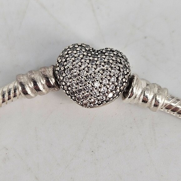 Pandora Moments Snake Chain Charm Bracelet 7.5" Pave Heart Clasp Sterling Silver - Picture 4 of 8